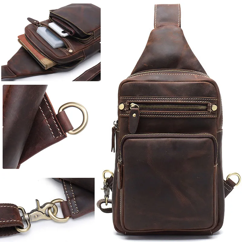 Retro Male Genuine Leather Top Layer Cowhide Shoulder Bags Waterproof Crossbody Travel Sling Messenger Chest Bag Pack for Men