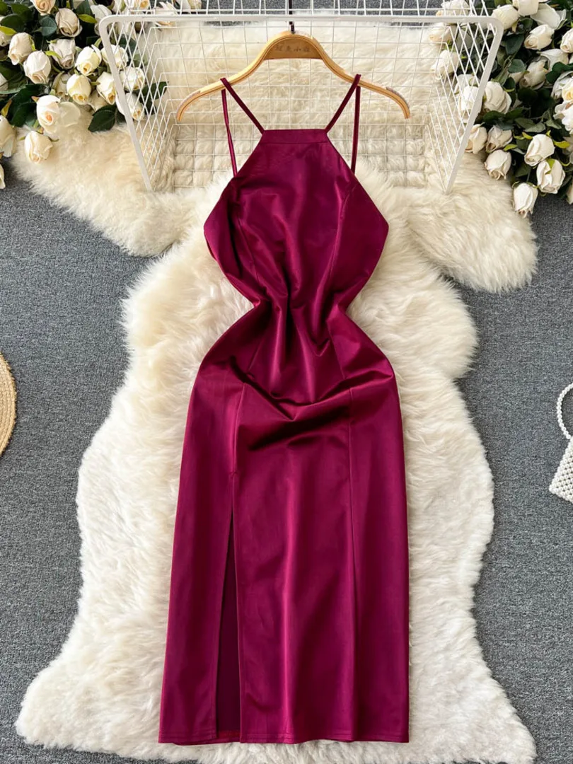 

Women Summer Sling Dress Solid Sleeveless Backless Sexy Party Dress Slim Fit Side Split Evening Club Outfits Elegant Clothes
