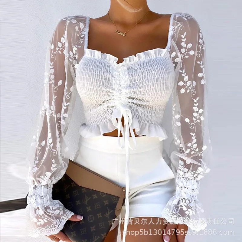 

Shirring Detail Frill Hem Leaf Pattern Mesh Top Women Sexy Lace Spring Summer Blouse Tops Square Neck See Trough Drawstring