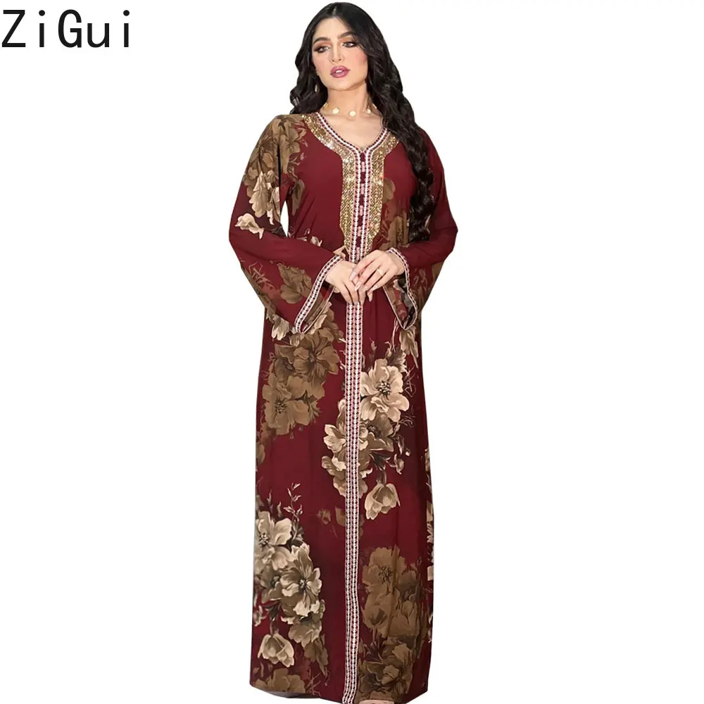 

Zigui Dubai Dresses Luxury Arabic Red Long Sleeve Flower Print Beading V Neck Robe Marocaine Femme Caftan Ramadan Dress
