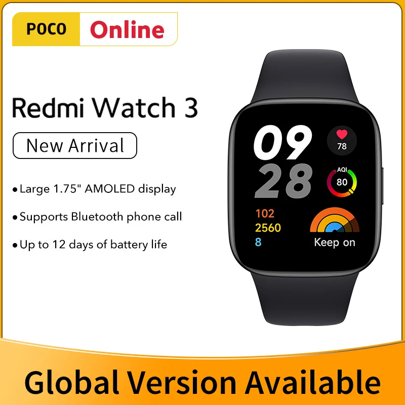 New Redmi Watch 3 GPS Smart Watches 1.75'' AMOLED Screen 60Hz Blood Oxygen Heart Rate Monitor 5ATM SOS Bluetooth Call Smartwatch