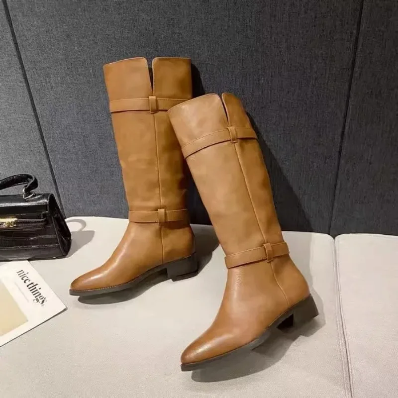 Женские Дизайнерские Сапоги до колена Осень-зима 2023 в английском стиле с острым