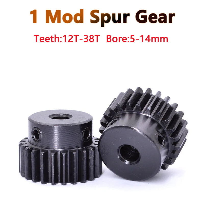 

1PCS 1M 12T-38T Spur Gear Pinion Bore 5/6/6.35/7/8/10/12/14mm Model 1 Motor Gear With Step OD 14mm-40mm Carbon Steel Blackened