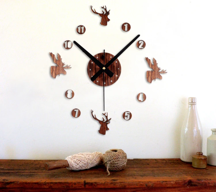 

New Arrival Deer Design sticker EVA 30CM-70CM kitchen wall clock large decorative 3d diy wall clock big clock