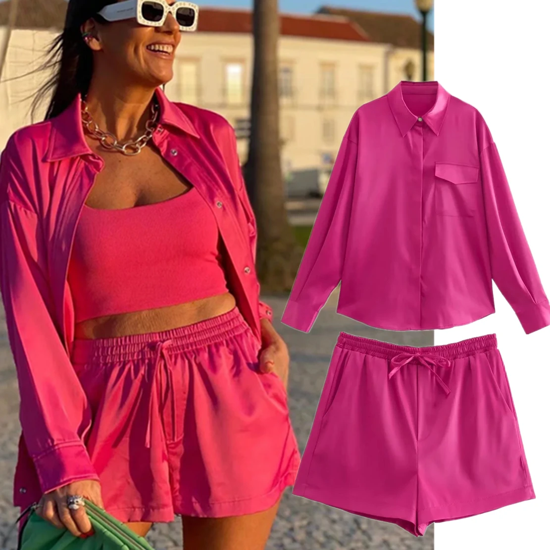 

Elmsk 2022 England Style Fashion Silk Shine Loose Casual Shirt Blouse Women Collect Wasit Harem Shorts Women Bermuda Sets