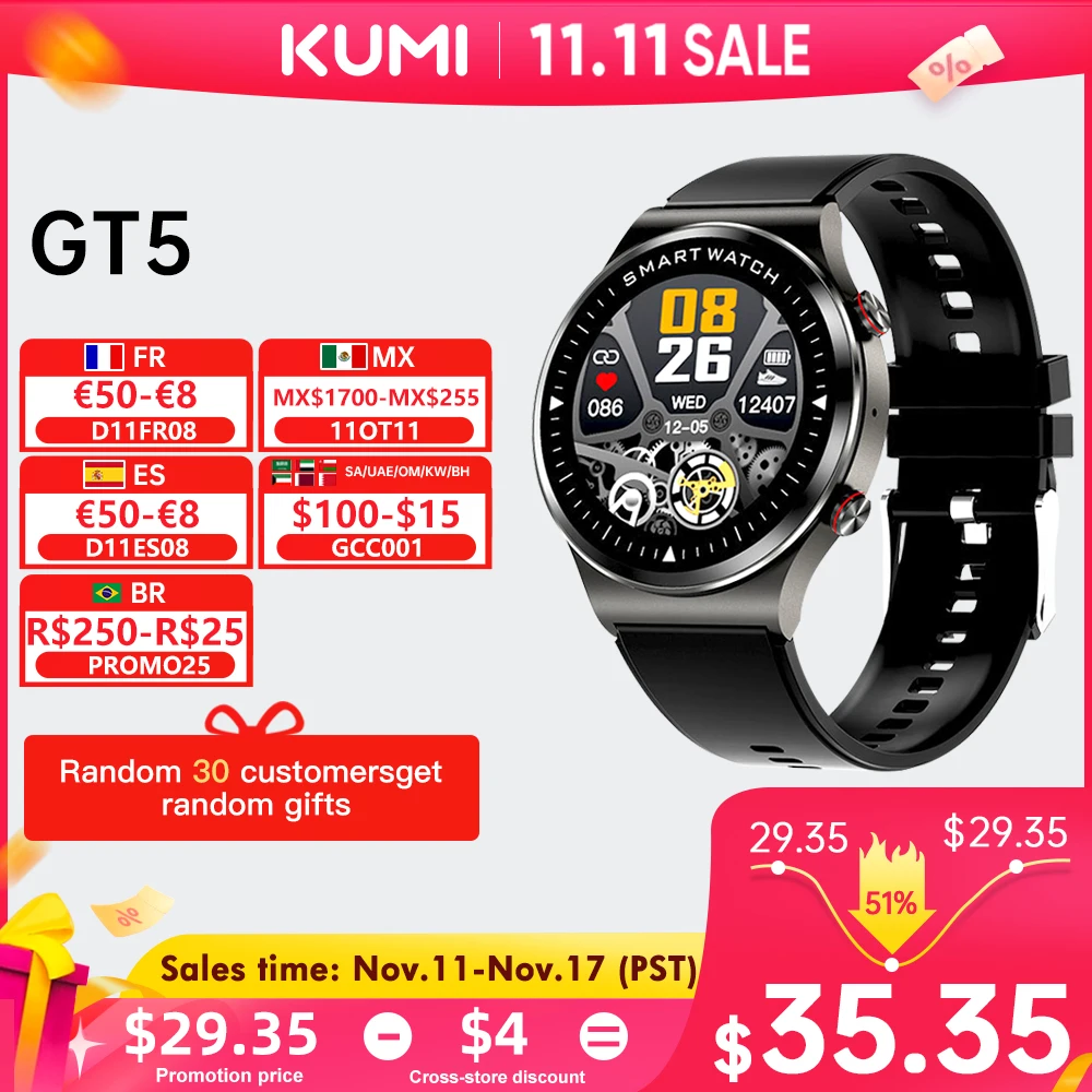 

KUMI GT5 RGB Men Smart Watch Glowing Reminder Bluetooth Call Fitness Heart Rate Blood Pressure Oxygen Monitor Waterproof IP68