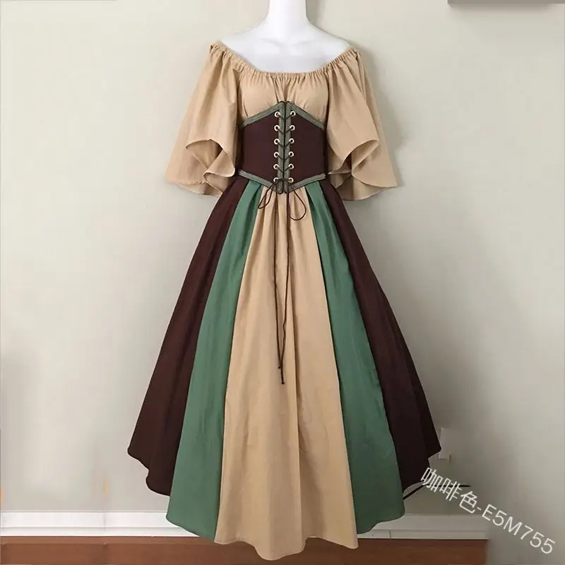 

Винтажная юбка средневековой эпохи Возрождения, женское контрастное строченное платье с коротким рукавом и завязкой на талии, широкая юбка с открытыми плечами
