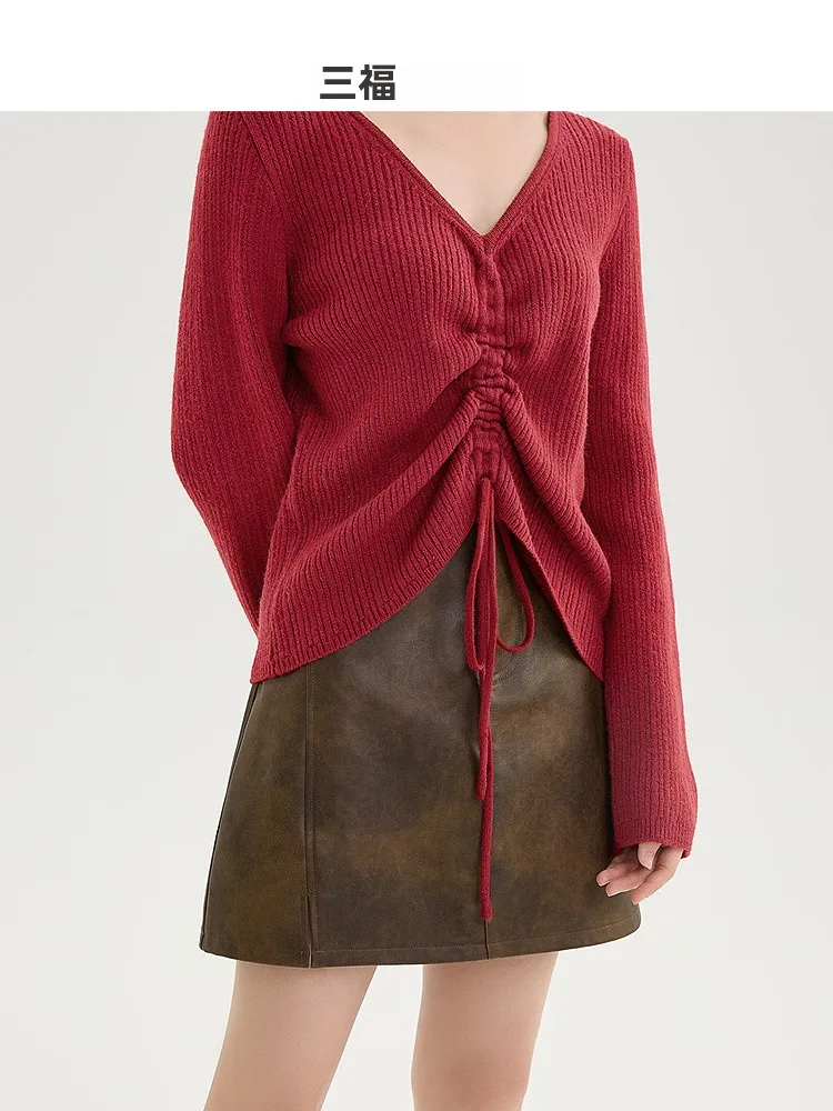 Sanfu Red Knit новинка 2024 осенний плиссированный укороченный свитер с v-образным