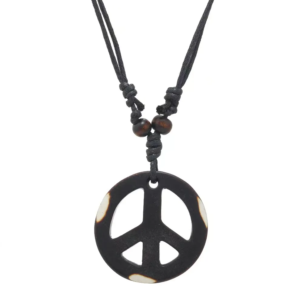 

New Vintage Handwoven Resin Peace Sign Men's Necklace Pendant for Male Female Couple Charm Wooden Beads Jewelry Gifts Wholesale