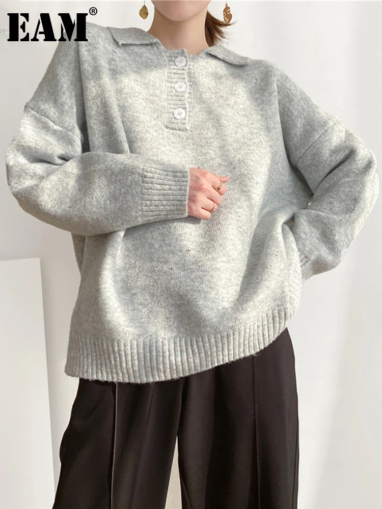 

[EAM] Gray Warm Big Size Knitting Sweater Loose Fit Lapel Long Sleeve Women Pullovers New Fashion Autumn Winter 2022 1DD3271