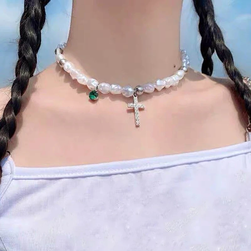 

New Irregular White Pearl Necklace Fashion Green Crystal Cross Pendant for Woman Girl Choker Jewelry Gift