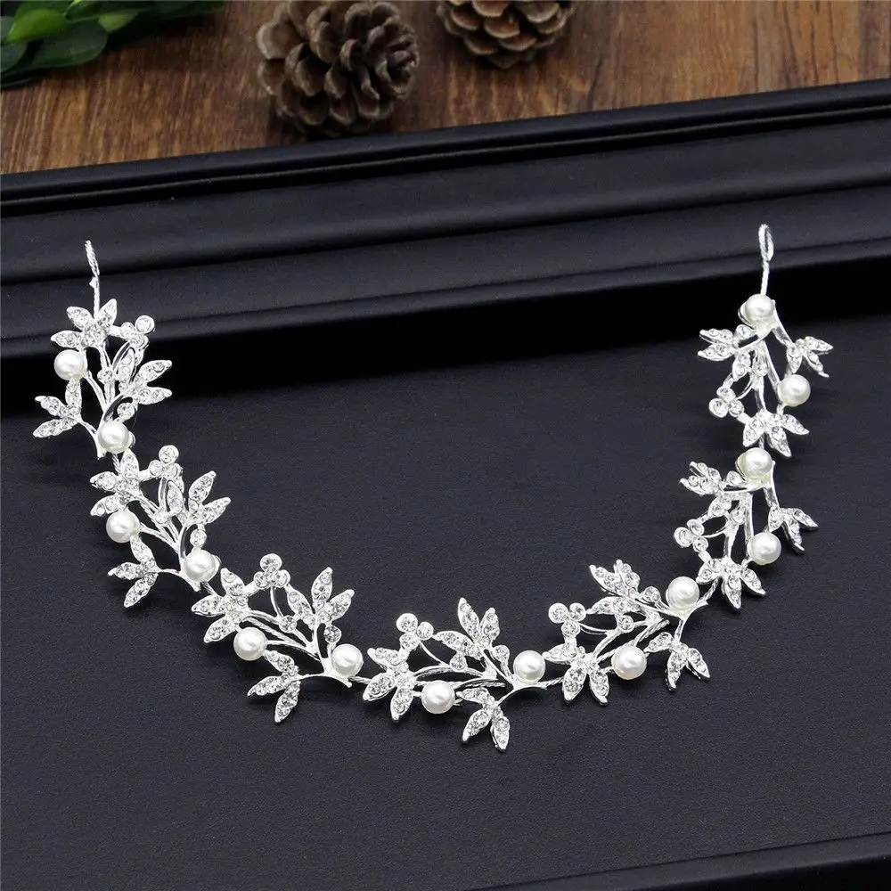 

Bride Tiara Headband Pearl Rhinestone Women Headband Wedding Hair Accessories Women Hair Jewelry Silver Color Hairband Flower
