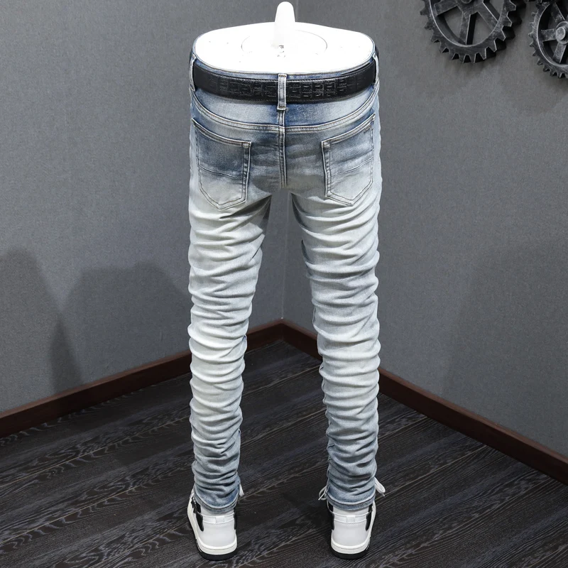 Street Fashion Men Jeans Retro Blue Stretch Elastic Broken Patched Designer Ripped Jeans Men Skinny Hip Hop Brand Pants Hombre