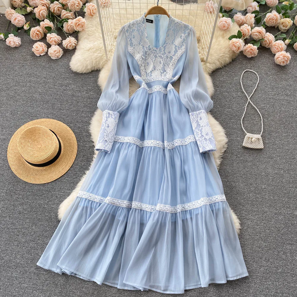 

Women New Spring Autumn V Neck Retro Palace Elegant Long Sleeve Lace Stitching Chic Dress Elegant Clothes Party Vestidos E810