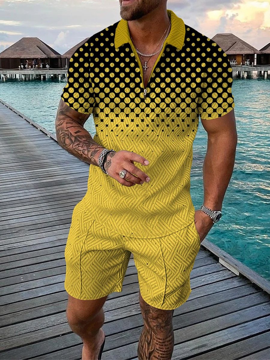 

2022 HOT Summer trend men's suit casual beach shorts suit sea view Dot printing short suit ordinary O-neck T-shirt 2-piece set