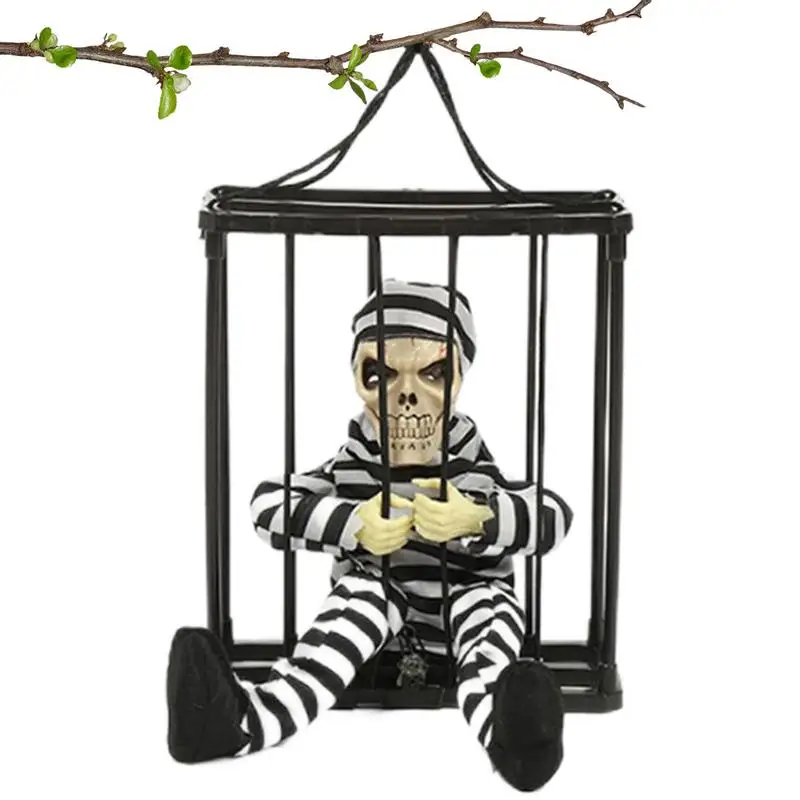 

Screaming Animated Halloween Decorations Screaming Skeleton Prisoner In Cage Scary Halloween Party Props Hanging Skeleton Props