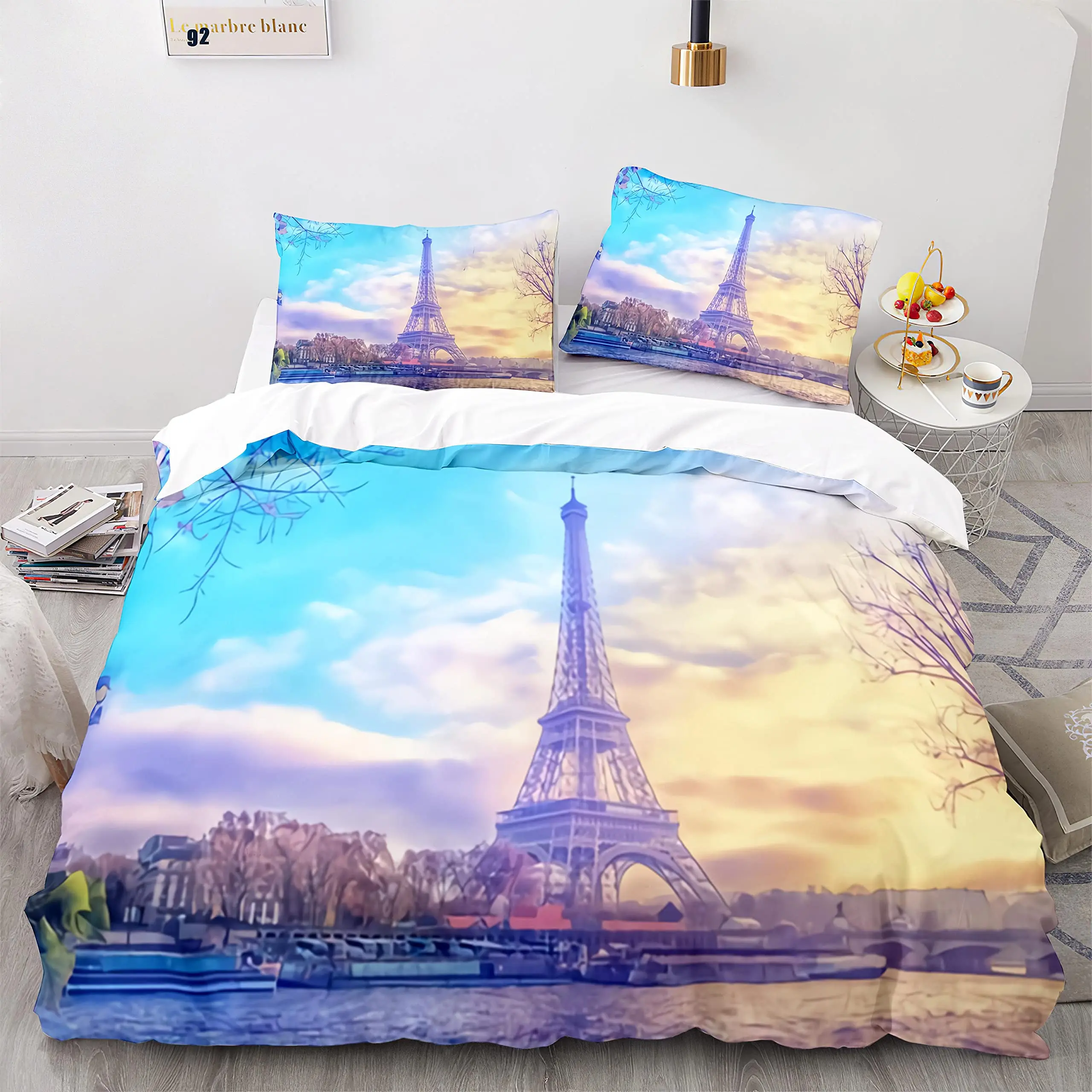 

Eiffel Tower Duvet Cover Set King Size Paris Cityscape Twin Bedding Set Modern French Style Polyester Comforter Cover Boys Girls