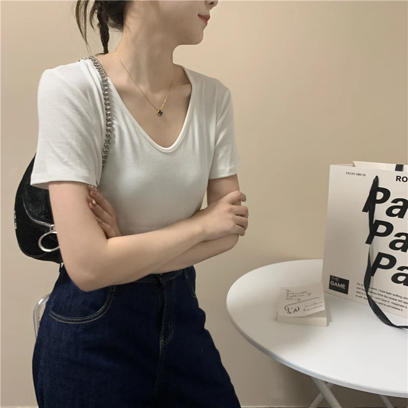 

A Short-sleeved t-shirt women's spring summer new loose Korean version cotton half-sleeve t-shirt top solid color V-neck