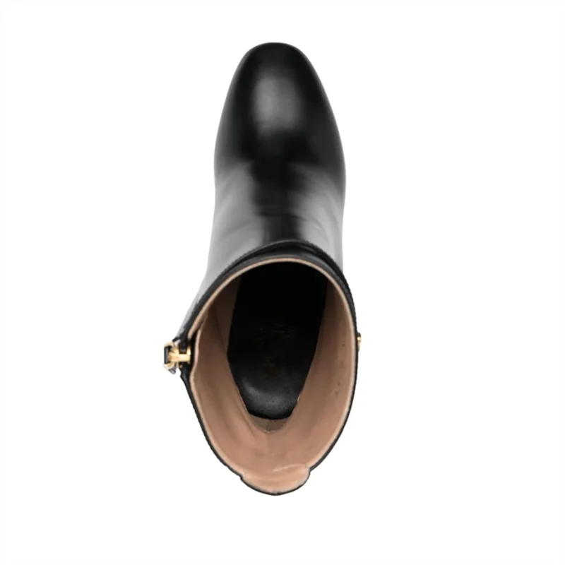 Concise Buckle Black Round Toe Booty Short Shoes for Women Warm Winter Ankle Boots Genuine Leather Platform Block High Heel Zip