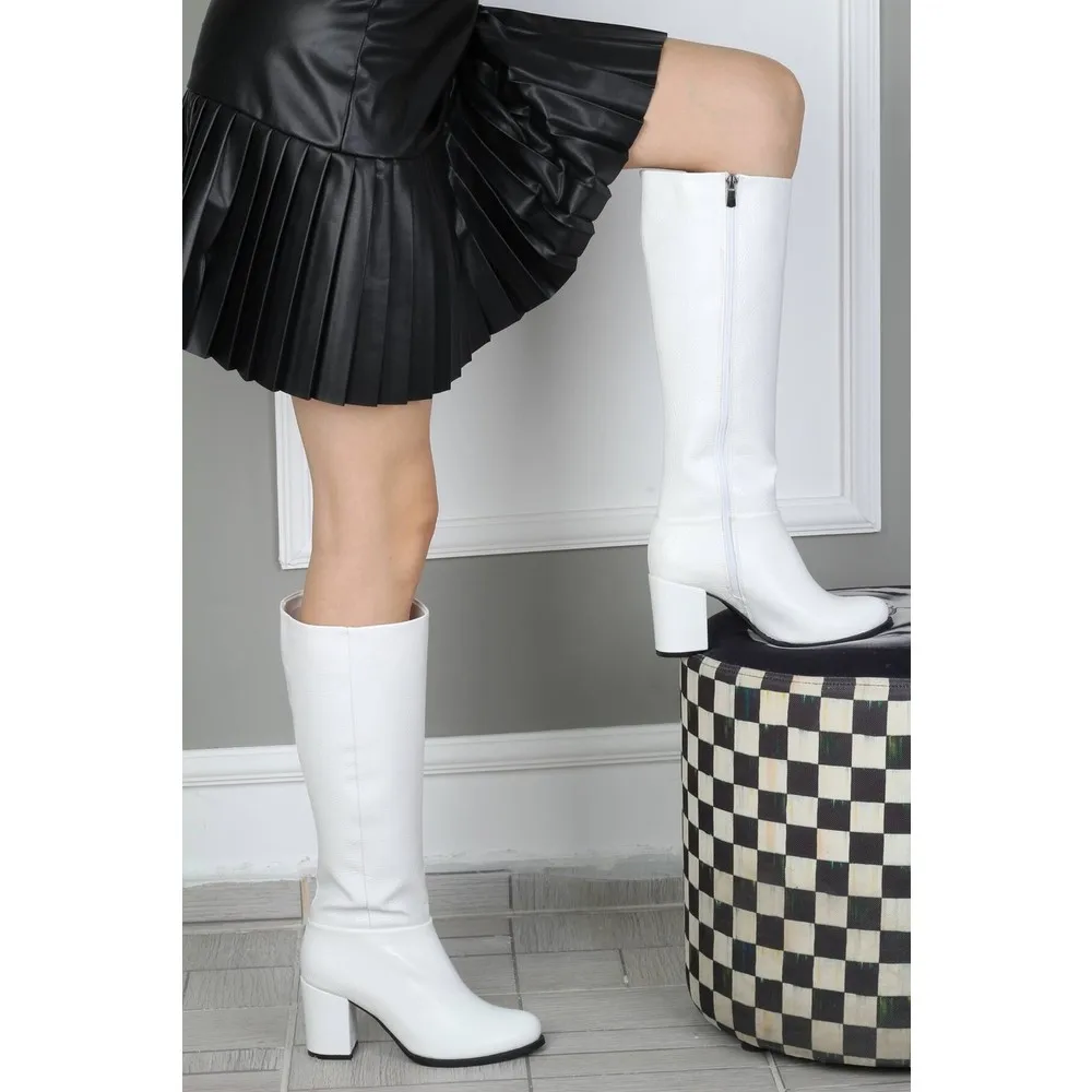 

Dorlie Round Toe Thick Heels pumps White Patent Leather Women 'S Boots-Barkab