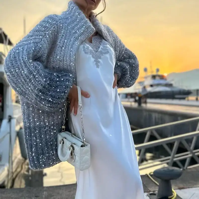 Женский вязаный свитер с однотонными блестками крючком кардиган свитера топы