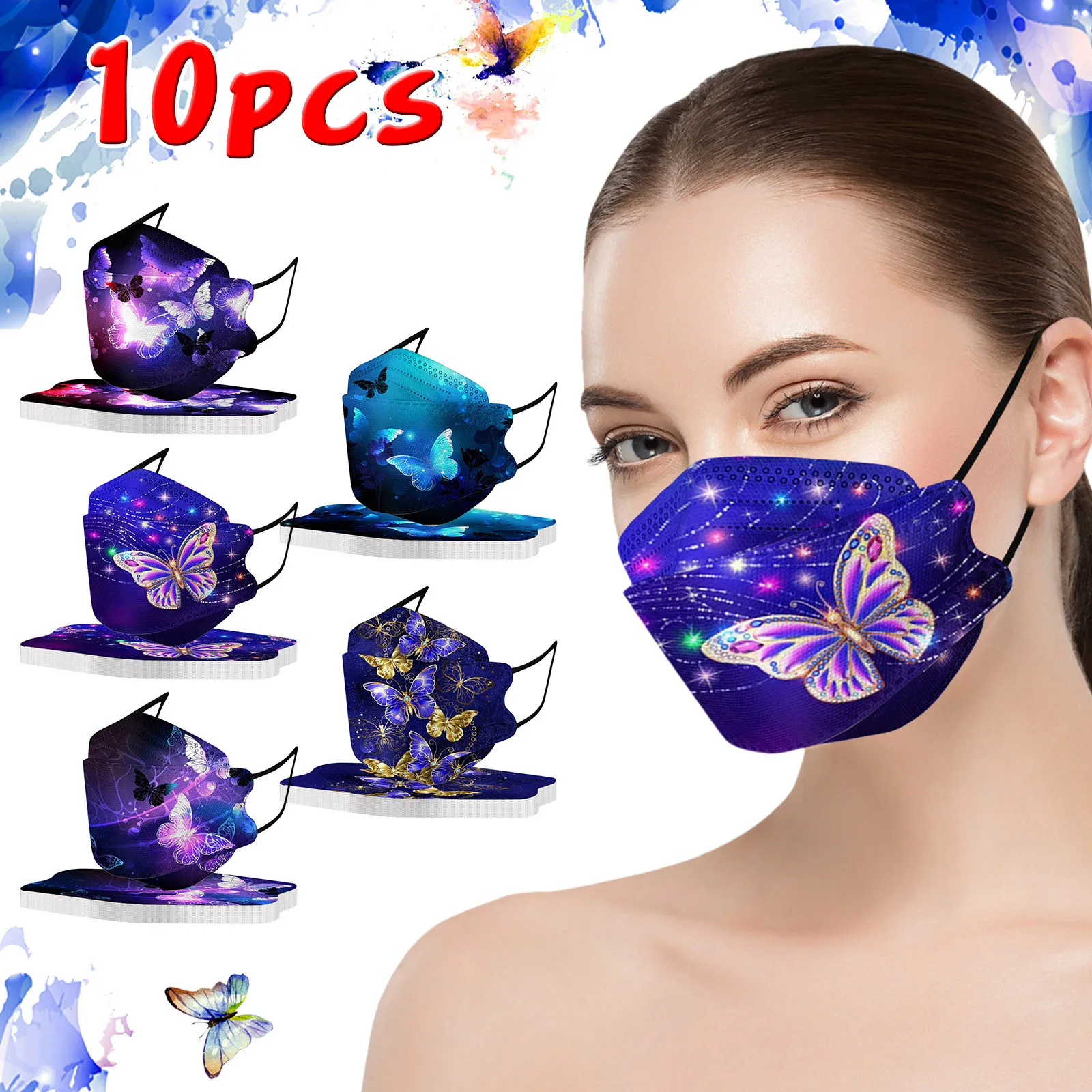 

10PCS Adult Women butterfly print Masks Disposable Face Mask Industrial 4Ply Mask Dustproof Filter Pm2.5 Mask Earloop Bandage