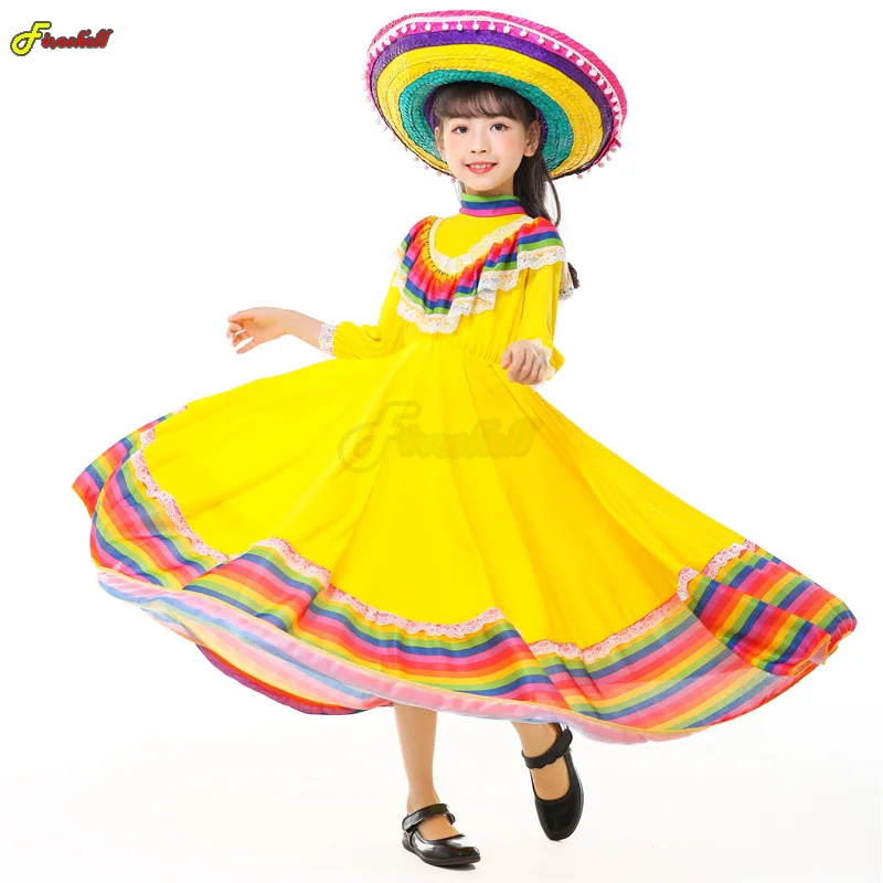 

Mexican Ethnic Dance Halloween Cosplay Costume Traditional Dress Long Gypsy Flamenco Dance Day of Dead Carnival Skirt for Girls