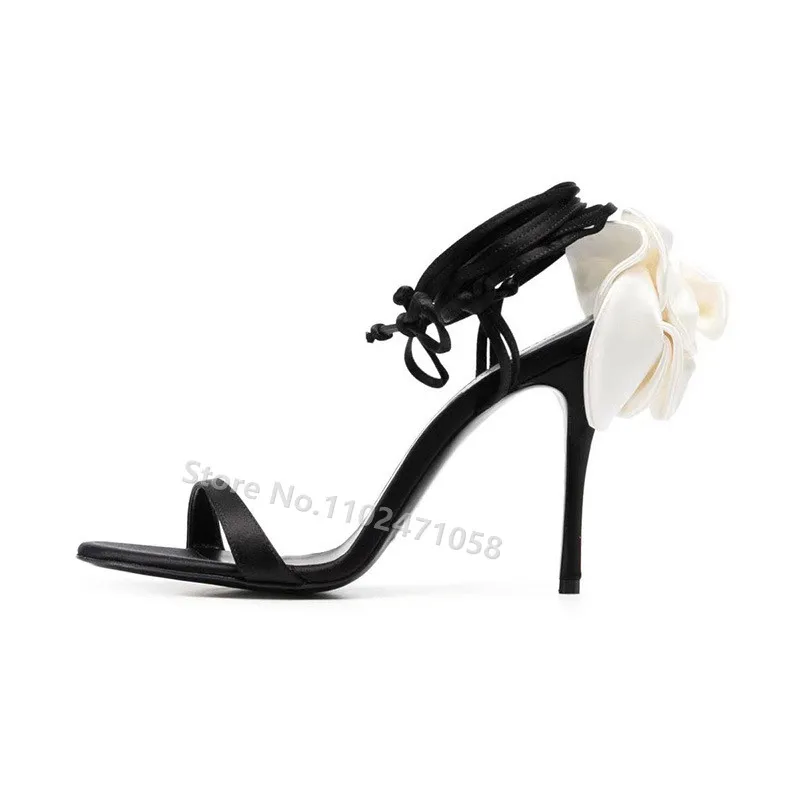 

Sexy Narrow Band Ankle Strap Lace-Up Hight Heels Women Sandals Silk Flowers Round Toe Thin Heels Shoes Ladies Stiletto Shoes