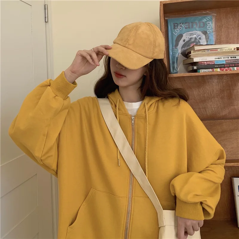 

Harajuku Autumn Hooded Zipper Top Korean Green Hoodies Harajuku Women's Sweatshirts Pocket Jacket Coat Femme Hoodie Streetwear