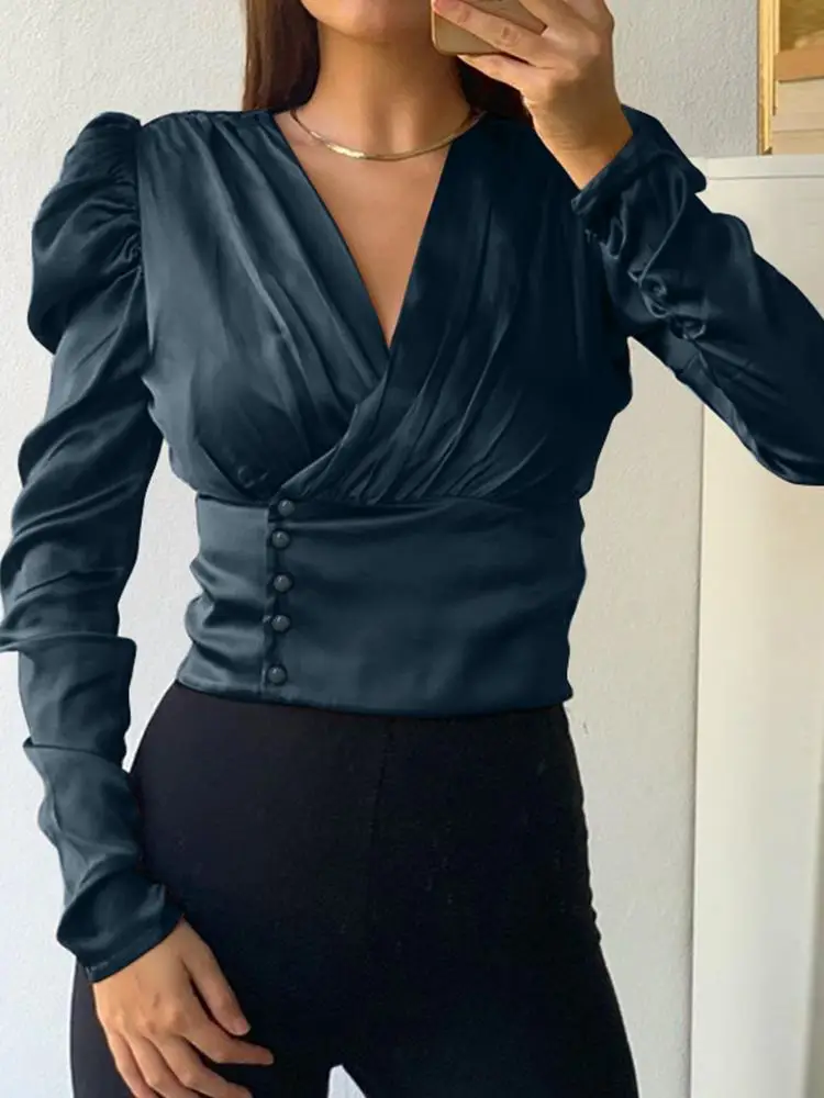 

Celmia Fashion Long Sleeve Tops Elegant Women Satin Blouses 2022 Autumn Casual Ruffles Slim Tunic Top Sexy V-Neck Buttons Blusas