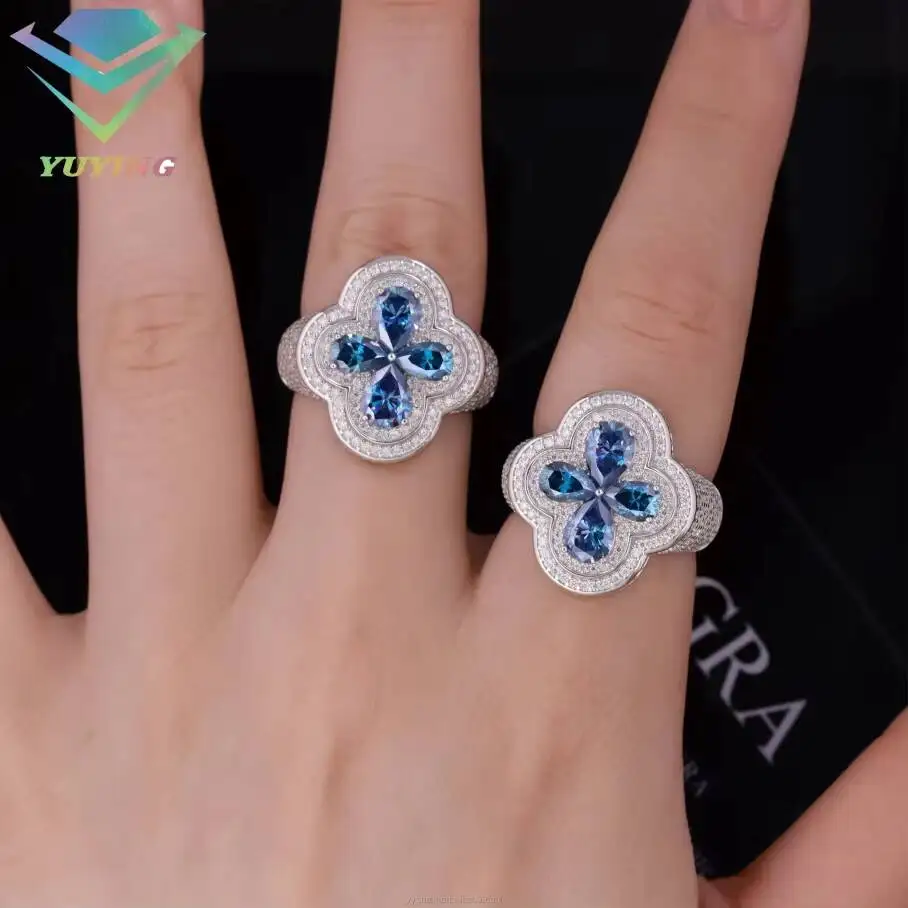 Фото Модное кольцо с муассанитом Fashion Clover, ювелирное изделие из стерлингового серебра 925 пробы, кольцо в стиле хип-хоп для мужчин и женщин, кубинское кольцо с муассанитом VVS, имитирующим бриллиант №1