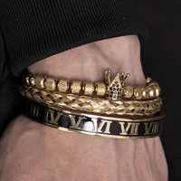 Luxury Crown Handmade Men Enamel Roman Numeral Bangles Hemp Rope Buckle Open Stainless Steel Micro Pave CZ Luxury Jewelry