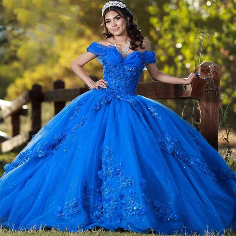 

ANGELSBRIDEP Exquisite Royal Blue Quinceanera Dresses Off The Shoulder V-Neck Ball Gown Birthday Princess Party GraduationDress