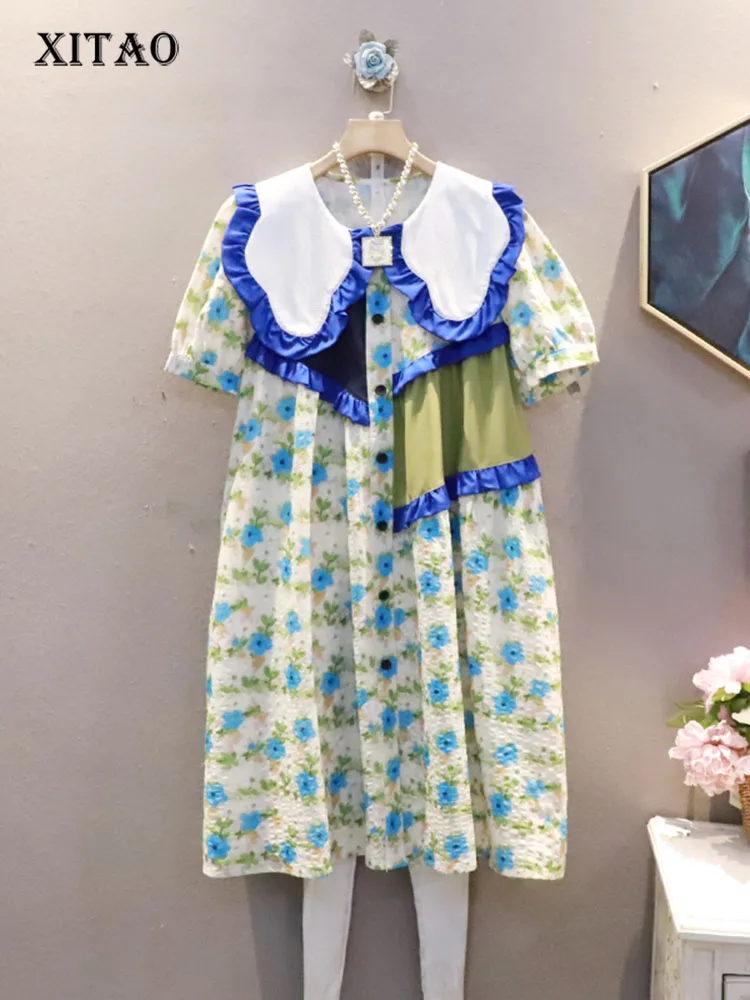 

XITAO Vintage Floral Doll Collar Dress Fashion Korea Patchwork Casual Temperament Loose Large Size New Arrival Women ZY6868