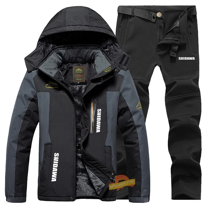 Winter Waterproof Fishing Suit Men's Plus Velvet Windproof Hooded Jacket Climbing Pants Thicken Warm Camping Ski Fishing Clothes