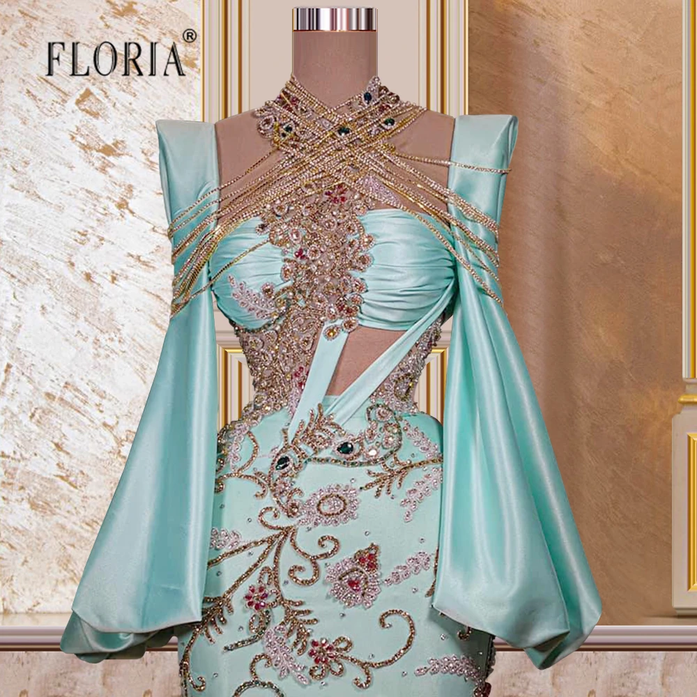 Женское вечернее платье-русалка зеленое облегающее платье с рукавами-фонариками