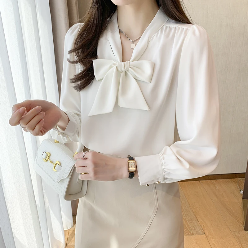 

Fashion 2022 Spring Autumn New Long Sleeved Shirt Women's White Blouses Bow Lace Up Women Tops Camisas De Mujer 986E Blusa 701G