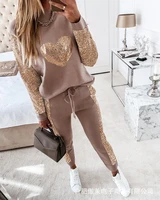 womens casual sequin suit 2022 autumn new fashion o neck tops trousers lady two piece set