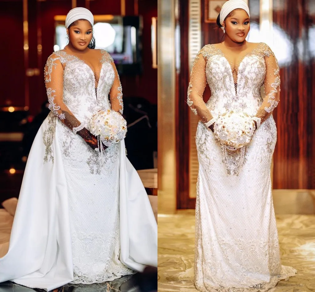 

Plus Size Aso Ebi Mermaid Wedding Dresses with Detachable Train Illusion Long Sleeve African Beaded Lace Mariage Bridal Gown