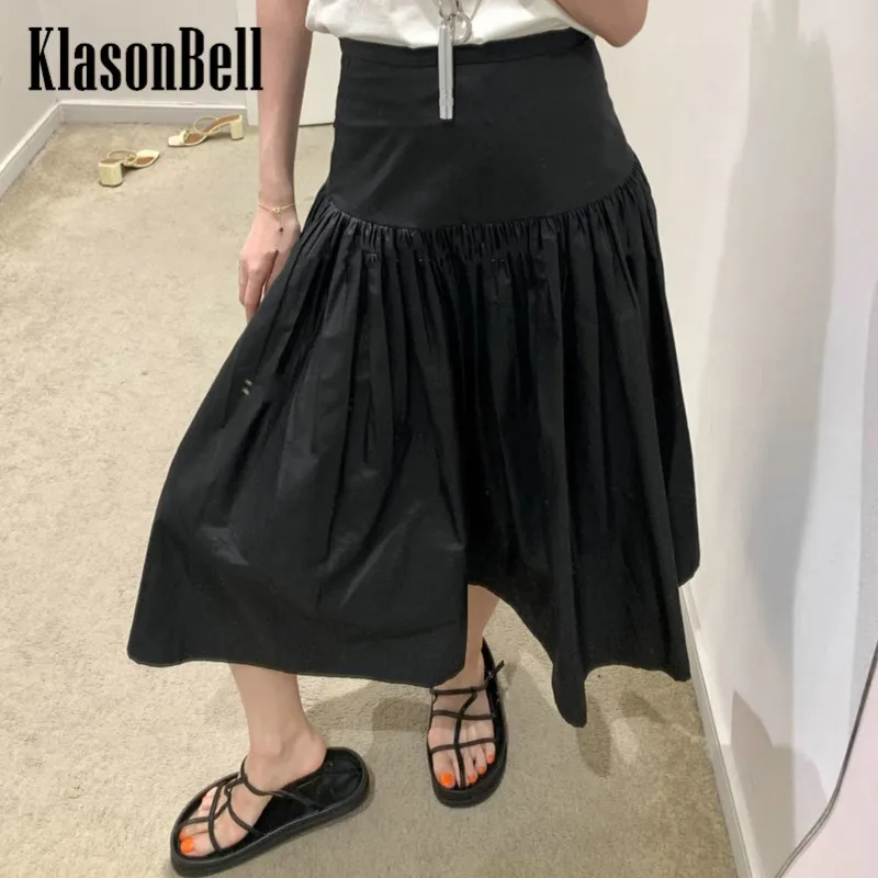 

8.9 KlasonBell Autumn Winter New Solid Temperament Versatile High Waist Spliced Pleated Midi Skirt Women