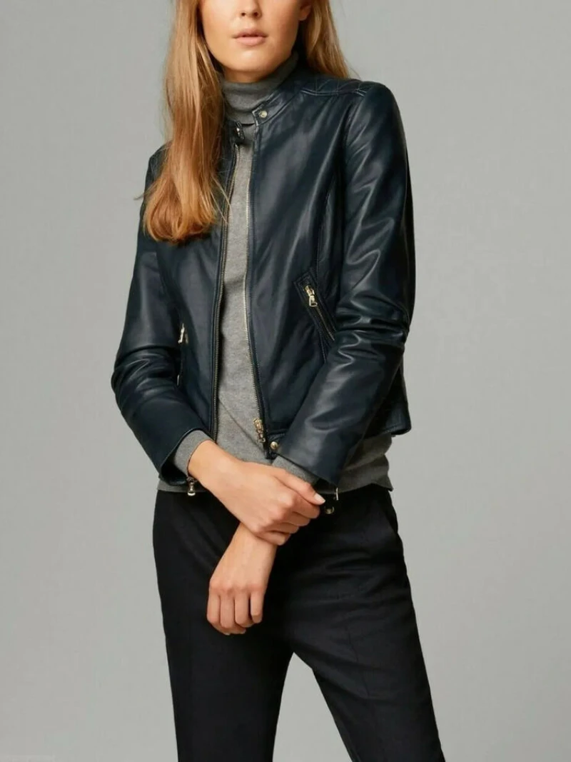 Women Navy Blue Leather Jacket 100% Genuine Lambskin Slim Fit Coat