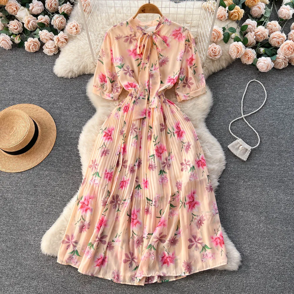 

Женское шифоновое платье макси, элегантное винтажное платье с рукавами-фонариками, бантом и плиссированной юбкой, весна