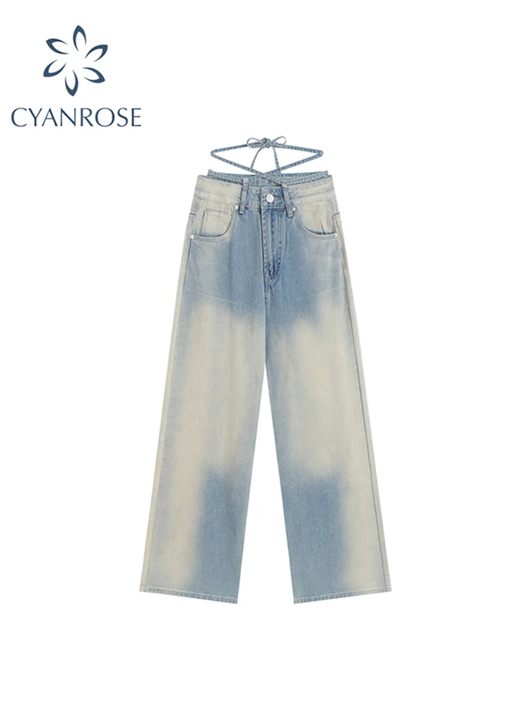 

2023 Summer Women's Lace Up Jeans Casual Y2k Straight Streetwear Harajuku Baggy Vintage Blue Denim Wide Leg Pants Retro Trousers