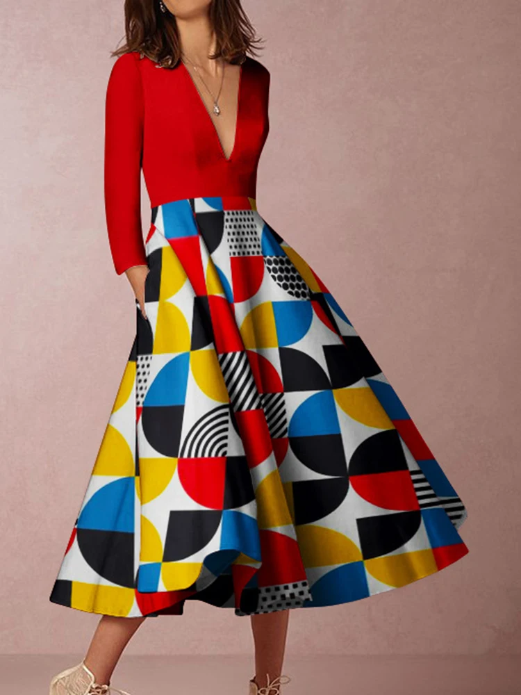 

Fashion Colour Blocking Dress Women Loose Hem Long Dress Sexy V-neck Pleated Party Dress Casual Long Sleeve Pockets A-Line Dress