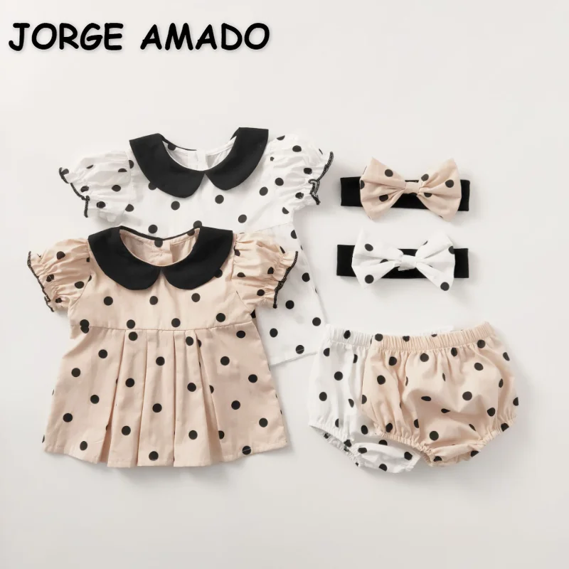 

Летний комплект для маленьких девочек в горошек блузка с коротким рукавом и воротником «Питер Пэн» + шорты с хлебом + повязка на голову Модный комплект для новорожденных из 3 предметов E96024