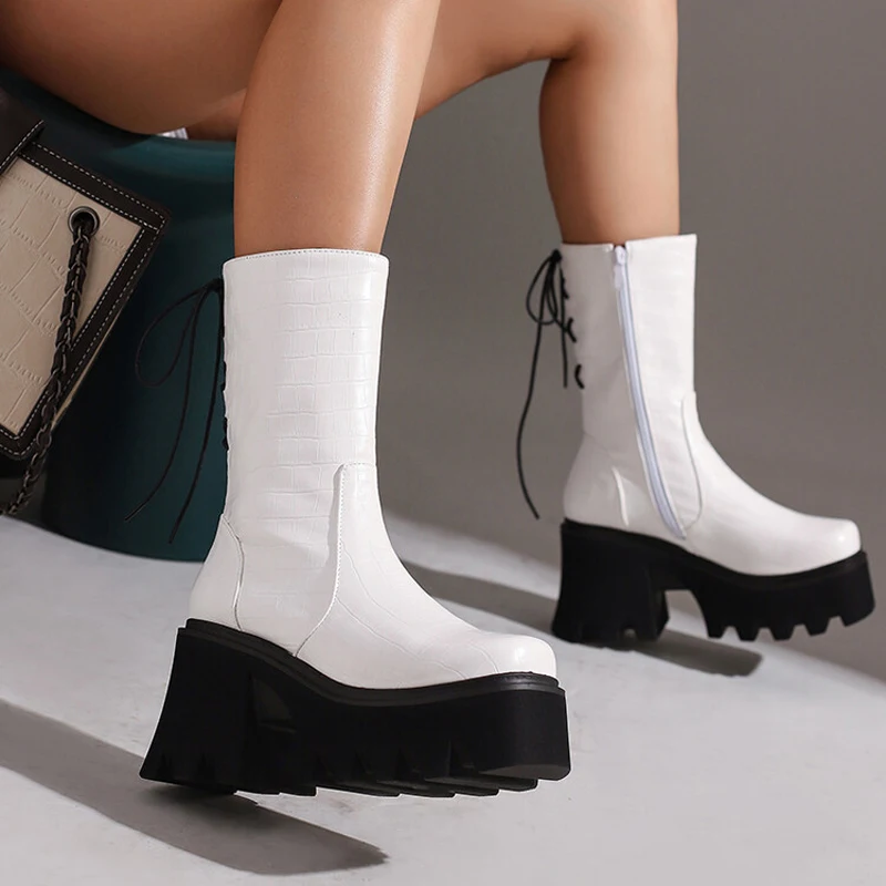 Back Lace up Women Half Knee High Boots Animal Prints Leather Thick Bottom Platform Shoes Square Heels Female Booty