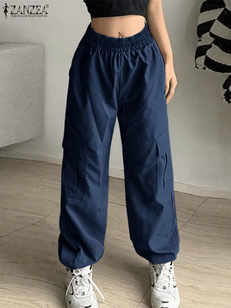 

Брюки ZANZEA женские с карманами, модные штаны с эластичным поясом, Джоггеры в уличном стиле, повседневные брюки-карго в стиле оверсайз, осень