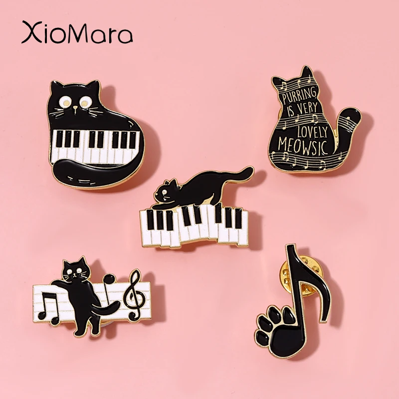 

Black And White Keys On The Piano Enamel Pins Cat And Musical Note Brooches Lapel Badges Concert Jewelry Gift For Art Friends