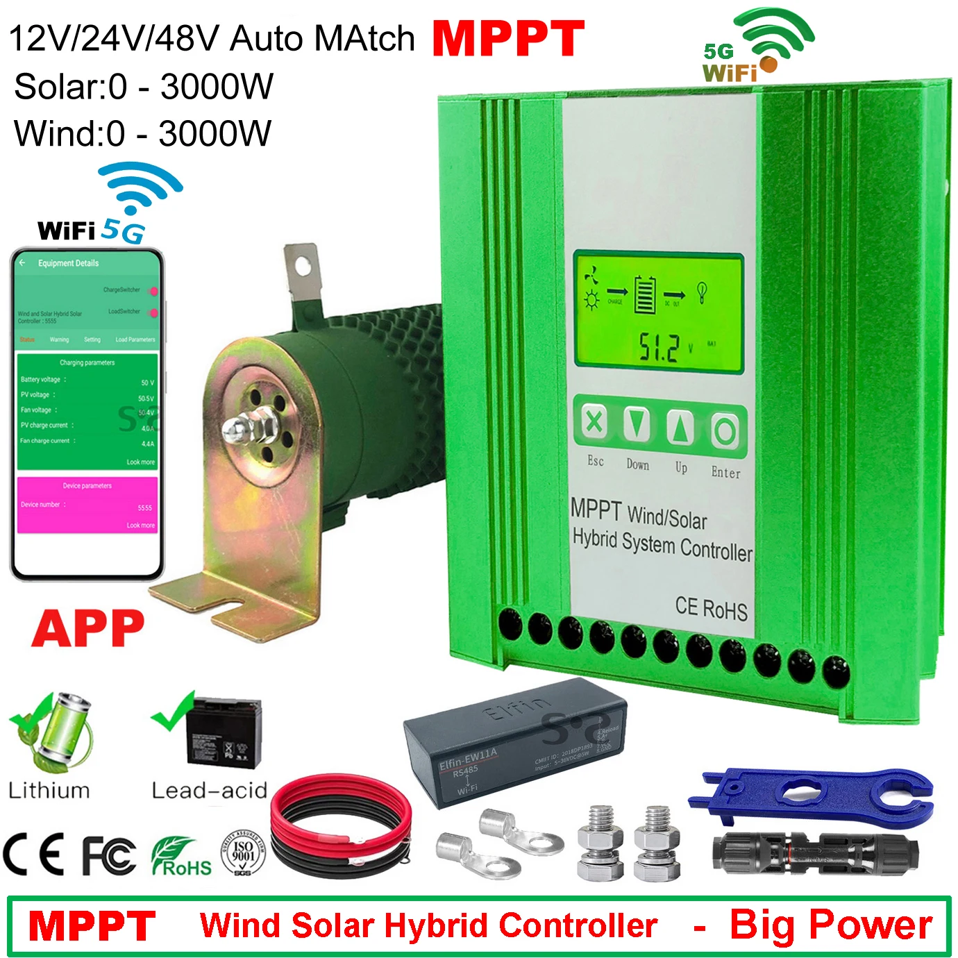 

3000W MPPT Hybrid Solar Wind Charge Controller 12V 24V 48V PV Wind Turbine WIFI Regulator For Lifepo4 Lithium Lead Acid Battery
