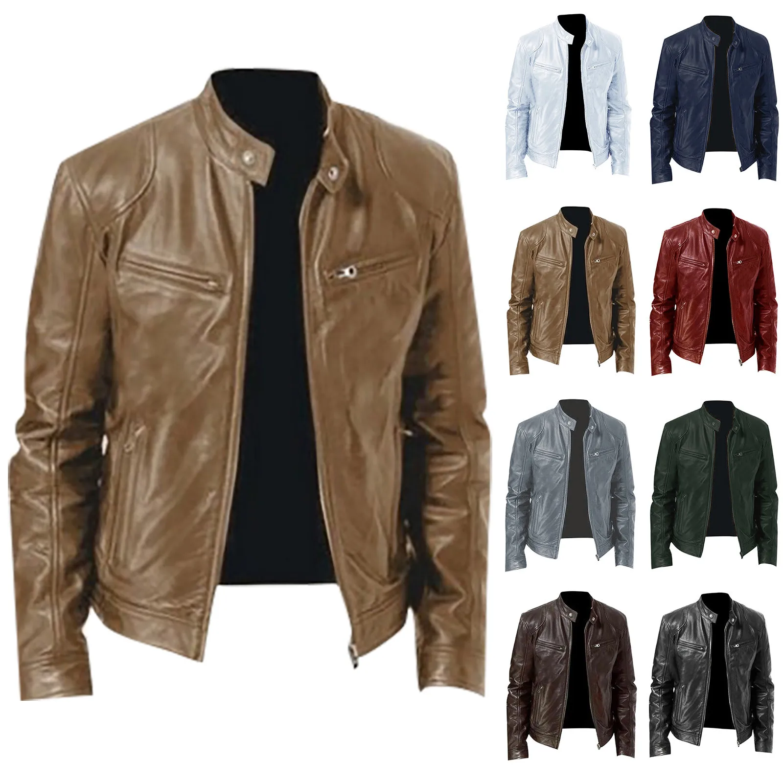 

Autumn And Winter Men's Casual Solid Colors Long-sleeved Faux Leather Stand Collar Coat Zipper Motorcycle Jacket Outwear#g3
